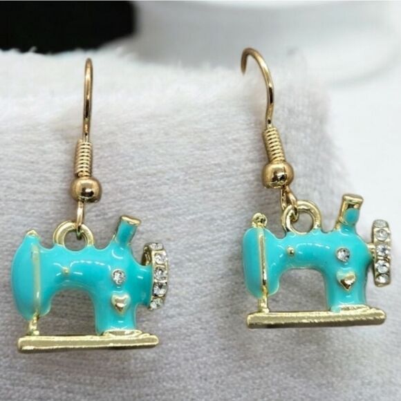 Vintage Sewing Machine Earrings Turquoise Enamel Pierced Hobby Seamstress Gift - Picture 1 of 8